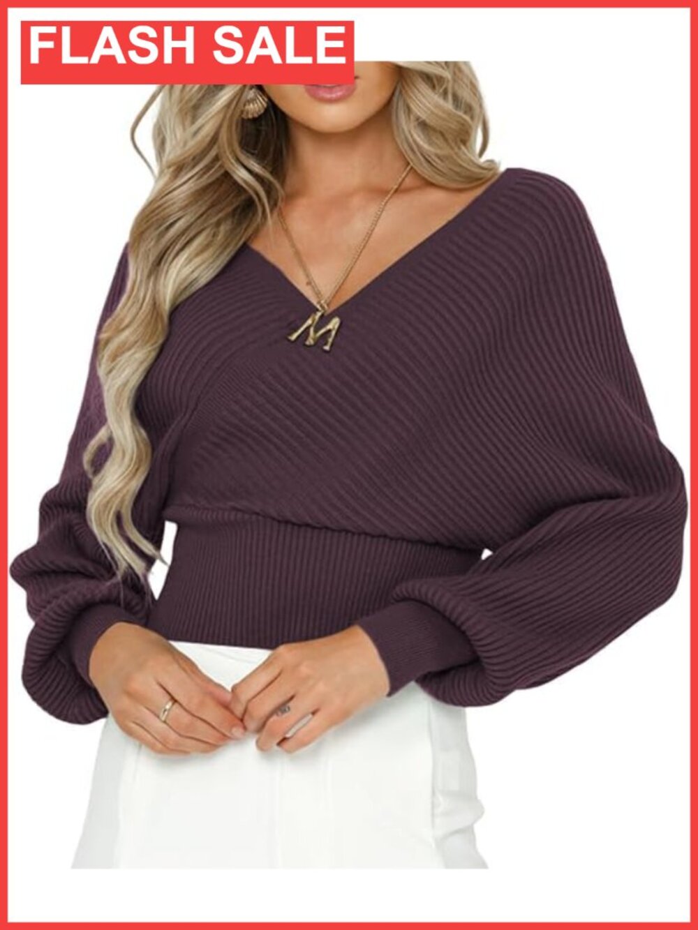 V Neck Cropped Wrap Sweater Drop Shoulder Lantern Sleeve Ribbed Knit Top